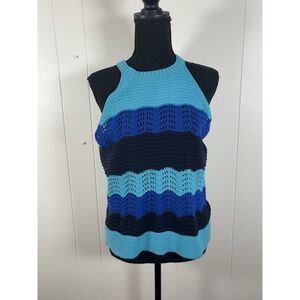 Anthropologie Jenette Blue Crochet High Neck Halter Top Sweater Knit‎ Tank Med